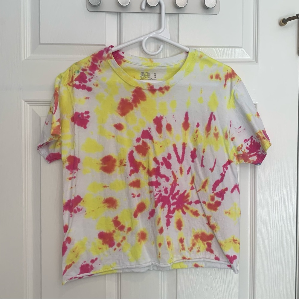 Pink and yellow cropped tie dye tee